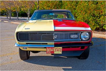 Front view of State Farm’s Split Camaro.